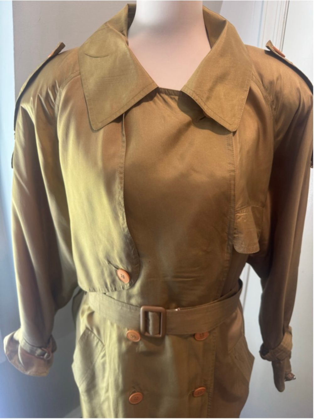 Vintage Silk Trench Coat Gold Bronze olive Iridescent Belted Duster Women’s L - Picture 4 of 16